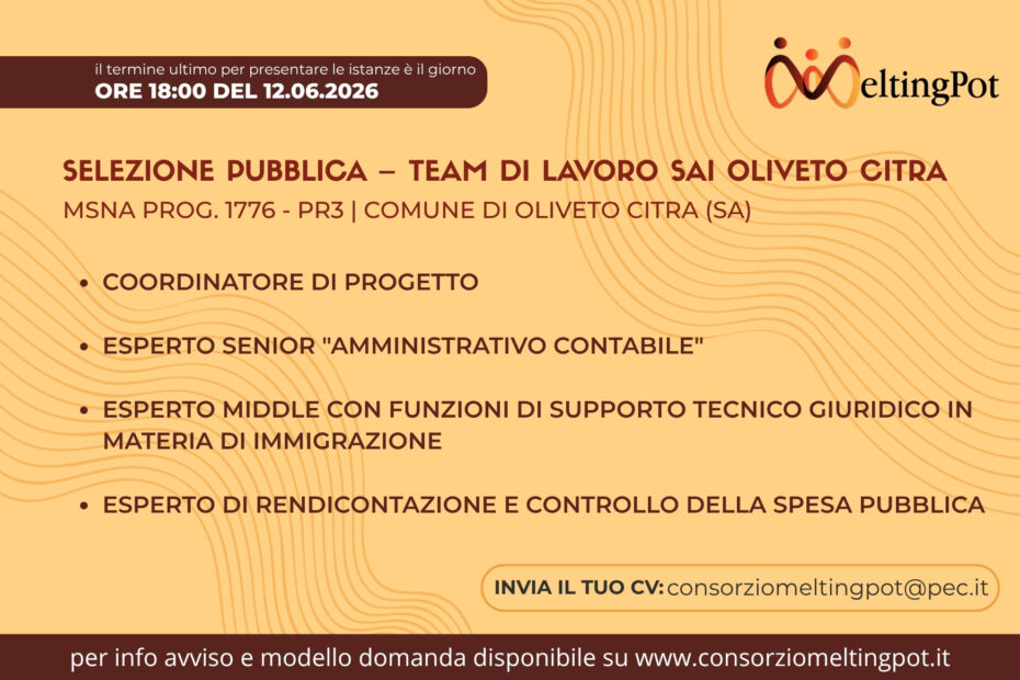 Avviso selezione pubblica SAI Oliveto Citra - ricerca 4 professionisti progetto MSNA 2026